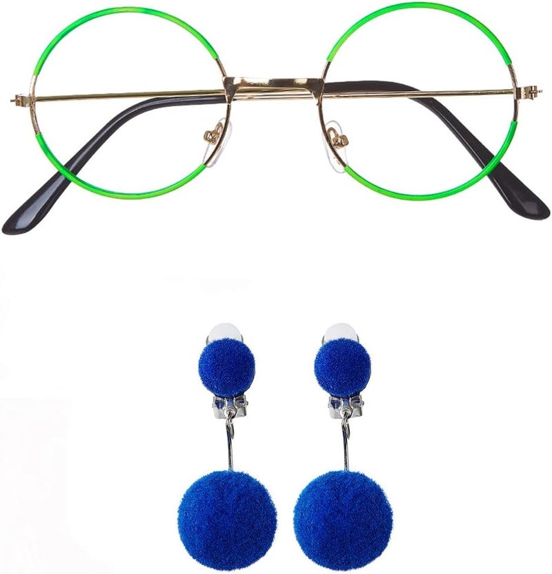Fancheer Green Glasses with Blue Clip-on Earrings Round Metal No Lens Costume Accessories - Image 1